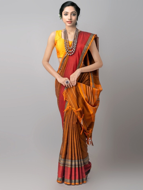 

Unnati Silks Brown & Yellow Striped Pure Cotton Handloom Sustainable Kanjeevaram Saree