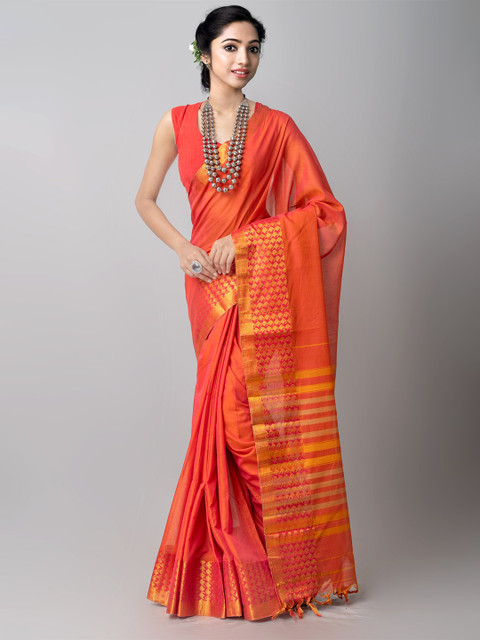

Unnati Silks Orange Woven Design Zari Pure Cotton Narayan Peth Saree