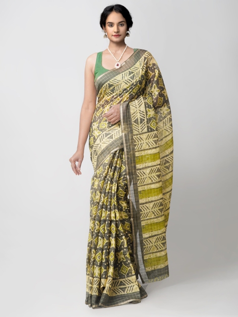 

Unnati Silks Grey & Green Ethnic Motifs Zari Silk Cotton Chanderi Saree