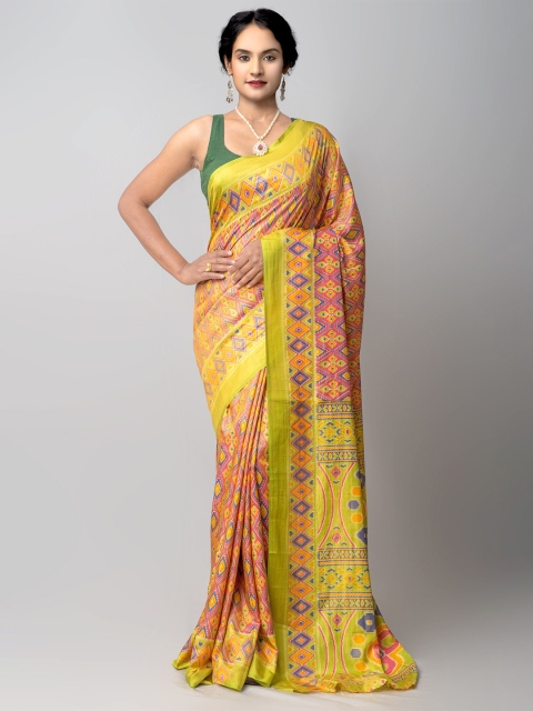 

Unnati Silks Pink & Green Ethnic Motifs Silk Blend Patola Saree