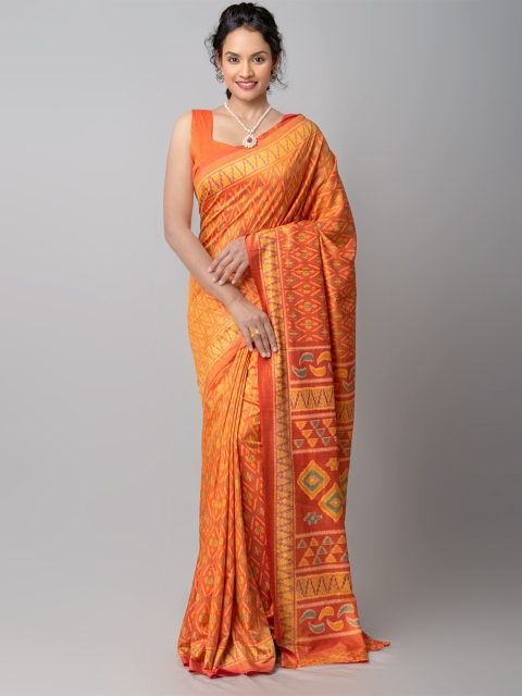 

Unnati Silks Red & Yellow Ethnic Motifs Printed Silk Blend Patola Saree