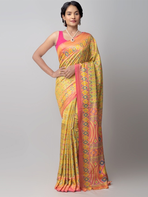 

Unnati Silks Green & Pink Ethnic Motifs Silk Blend Patola Saree