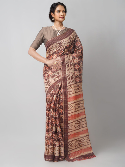 

Unnati Silks Burgundy & Beige Ethnic Motifs Silk Cotton Chanderi Saree