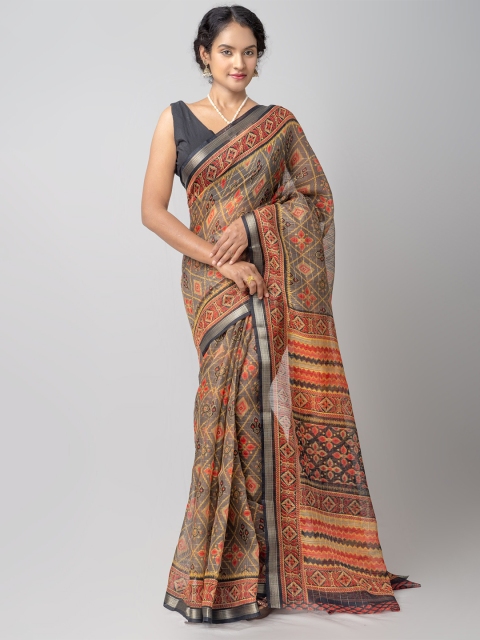 

Unnati Silks Grey Printed Art Chanderi Silk Cotton Saree