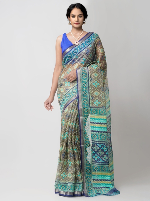 

Unnati Silks Taupe & Green Ethnic Motifs Printed Zari Silk Cotton Chanderi Saree