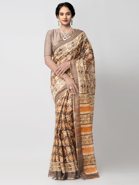 

Unnati Silks Brown & Beige Ethnic Motifs Silk Cotton Chanderi Saree