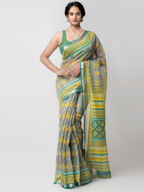 

Unnati Silks Grey & Green Ethnic Motifs Silk Cotton Chanderi Saree