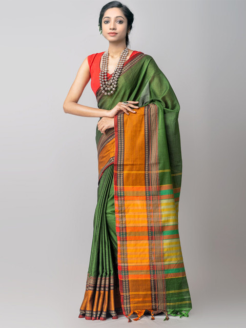 

Unnati Silks Green & Orange Pure Cotton Kanjeevaram Saree
