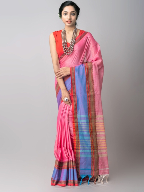 

Unnati Silks Pink & Blue Striped Pure Cotton Handloom Sustainable Kanjeevaram Saree