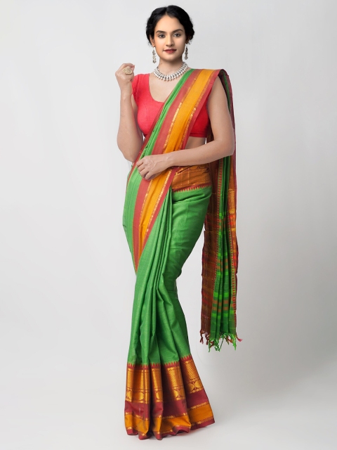 

Unnati Silks Green Woven Design Pure Handloom Sustainable Pavani Narayanpet Cotton Saree