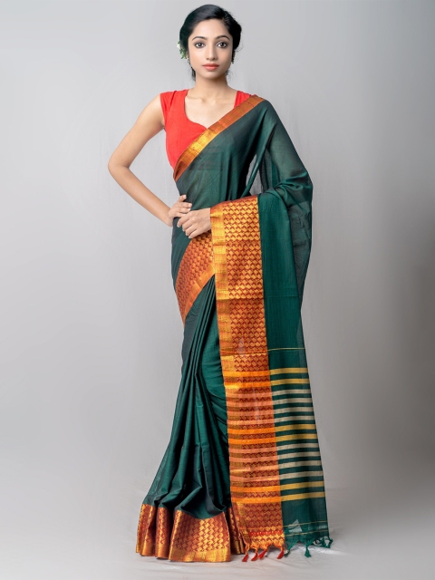 

Unnati Silks Teal & Gold-Toned Zari Pure Cotton Handloom Narayan Peth Saree