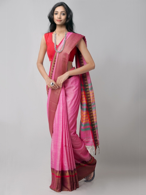 

Unnati Silks Pink & Orange Woven Design Pure Cotton Handloom Sustainable Kanjeevaram Saree