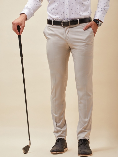 

J Hampstead Men Cream-Coloured Smart Slim Fit Wrinkle Free Trousers