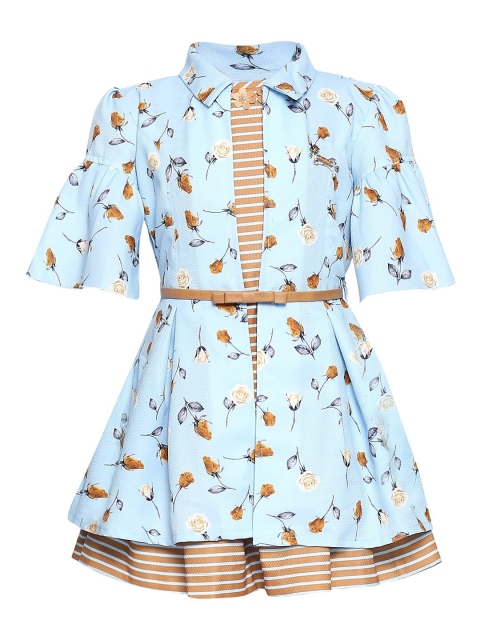 

Tiny Baby Mustard Yellow & Blue Fit & Flare Georgette Dress With Jacket & Belt