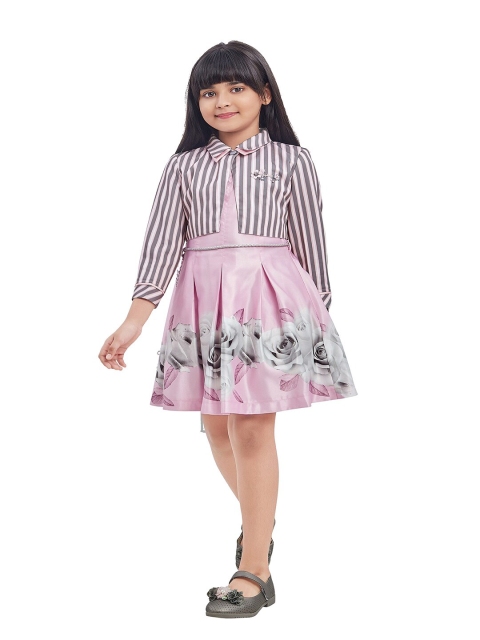 

Tiny Baby Pink Floral Striped Satin Fit & Flare Dress With Belt & Jacket
