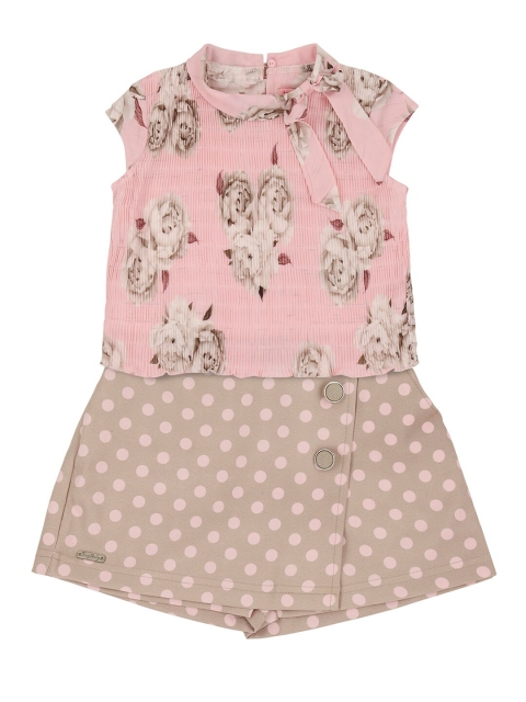 

Tiny Baby Girls Peach-Coloured & Brown Printed Top with Skirt