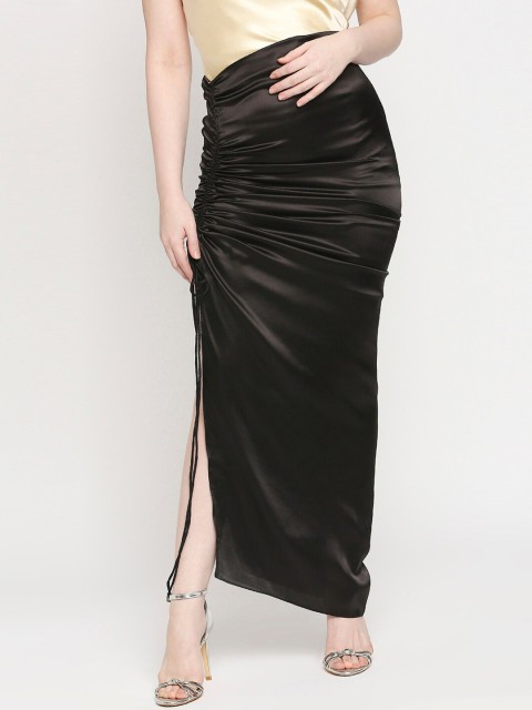 

AMMARZO Women Black Solid Drawstring Side Slit Satin Skirt