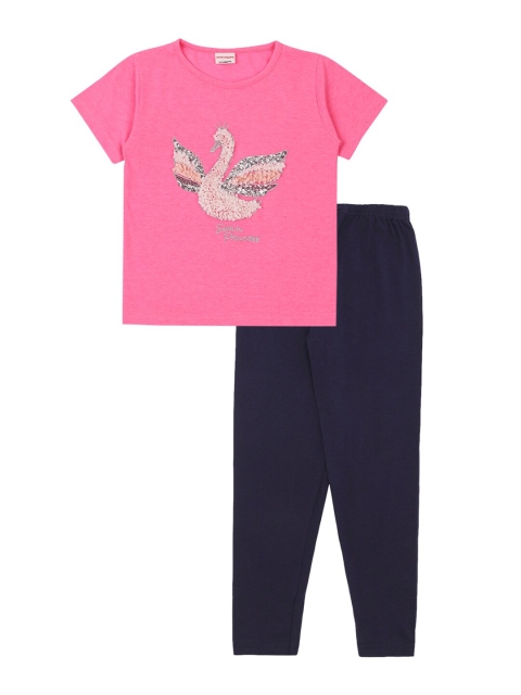 

RAINE AND JAINE Girls Pink & Navy Blue Printed Pure Cotton T-shirt with Leggings