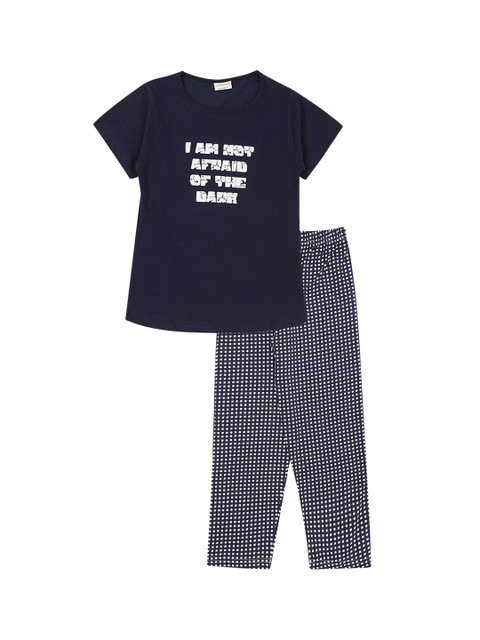 

RAINE AND JAINE Girls Navy Blue & White Printed Pure Cotton Night Suit