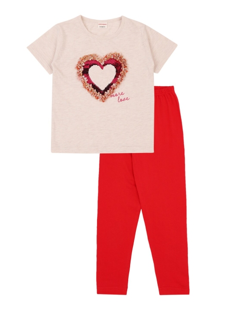 

RAINE AND JAINE Girls Off White & Red Printed Pure Cotton T-shirt with Leggings