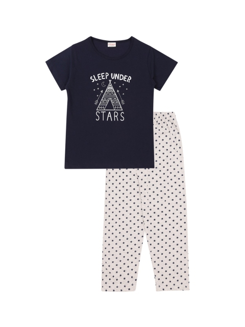 

RAINE AND JAINE Girls Navy Blue & Grey Printed Pure Cotton Night suit