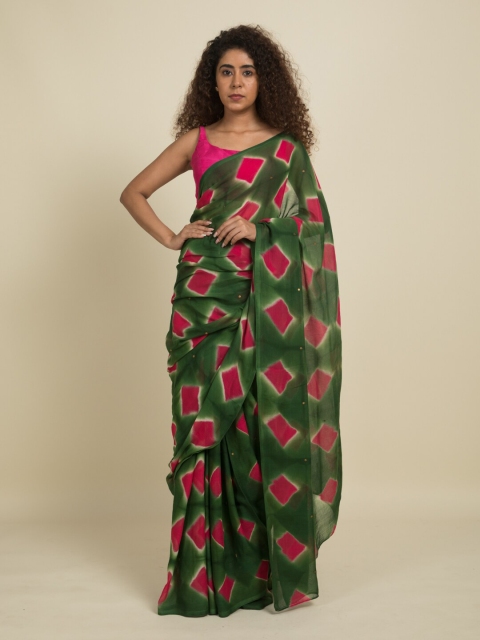 

Suta Green & Pink Shibori Pure Cotton Saree