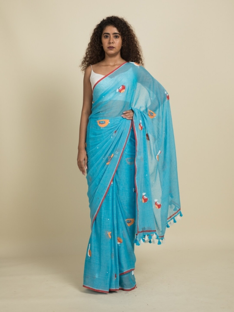 

Suta Sky Blue Bird Print Pure Cotton Saree