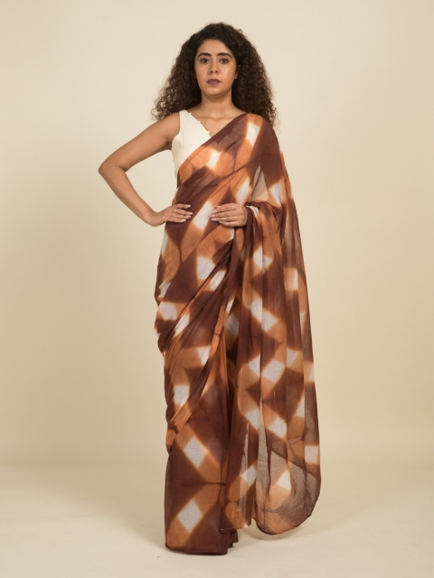 

Suta Brown & White Tie and Dye Pure Cotton Saree