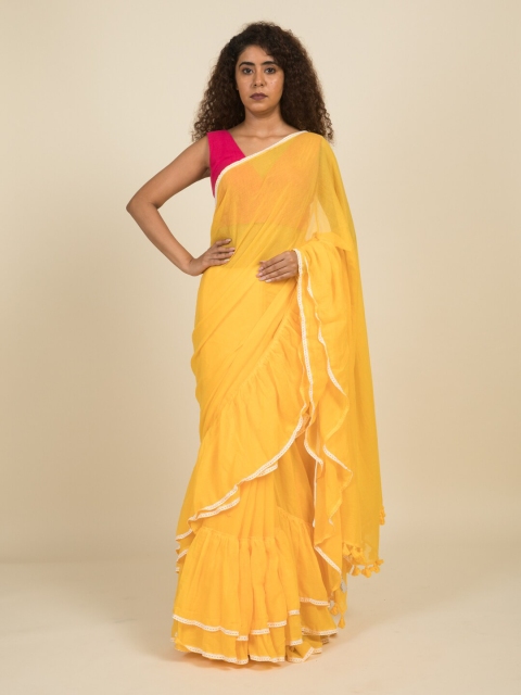 

Suta Yellow & White Pure Cotton Ruffle Saree With Lace