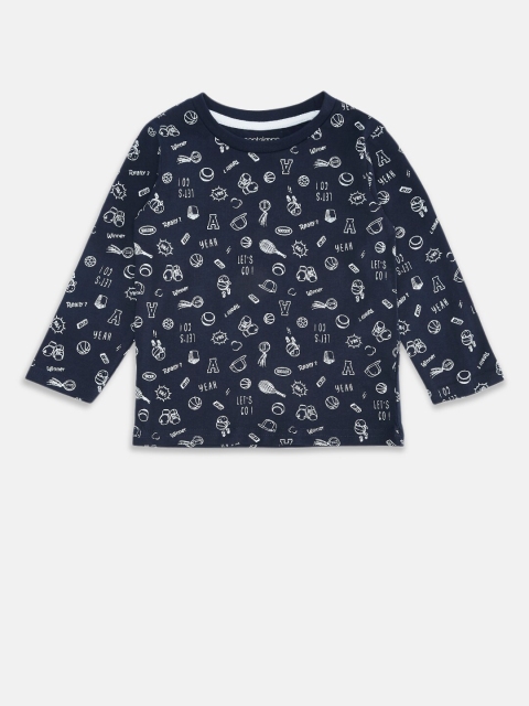 

Pantaloons Baby Boys Navy Blue & White Printed Pure Cotton T-shirt