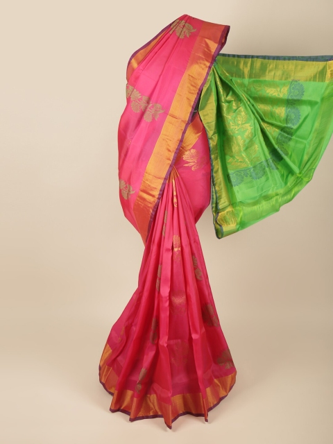 

Pothys Pink & Green Floral Zari Art Silk Saree