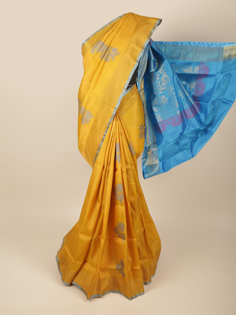 

Pothys Yellow & Blue Floral Zari Art Silk Saree