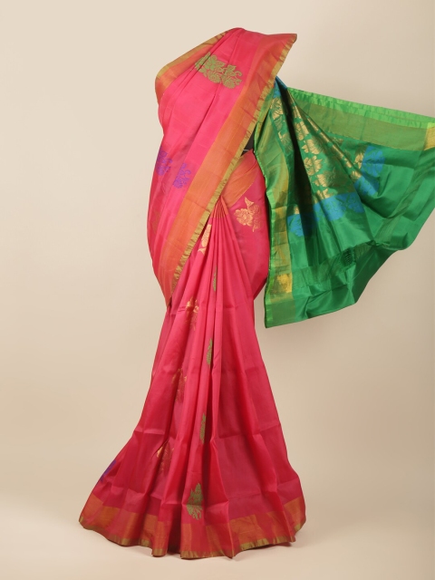 

Pothys Pink & Green Floral Zari Art Silk Saree