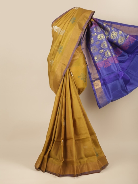 

Pothys Mustard & Blue Floral Zari Art Silk Saree