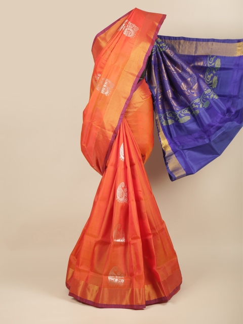 

Pothys Orange & Navy Blue Floral Zari Art Silk Saree