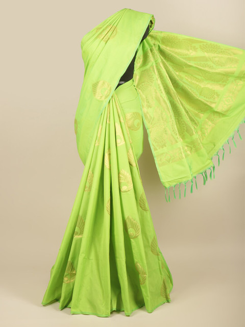 

Pothys Fluorescent Green & Gold-Toned Woven Design Zari Art Silk Saree