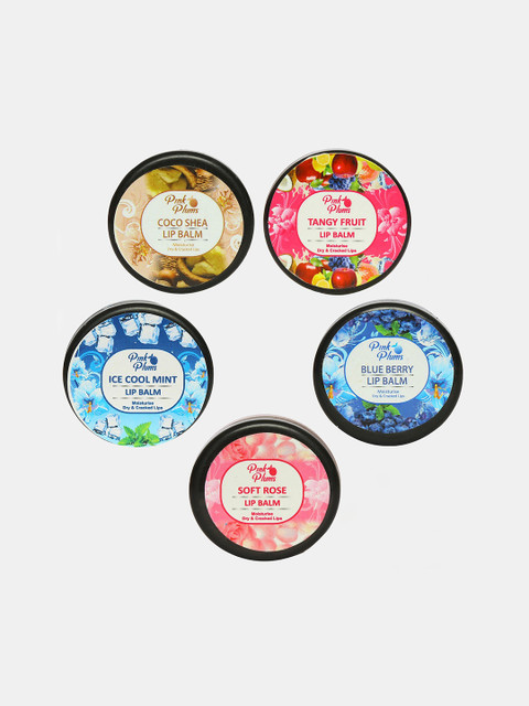 

Pink Plums Set of 5 Lip Balm - Coco Shea-Tangy Fruit-Ice Cool Mint-Blue Berry & Soft Rose, Multi