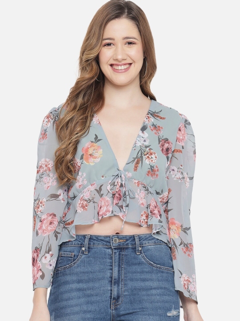 

Orchid Blues Women Green Floral Print Georgette Blouson Crop Top