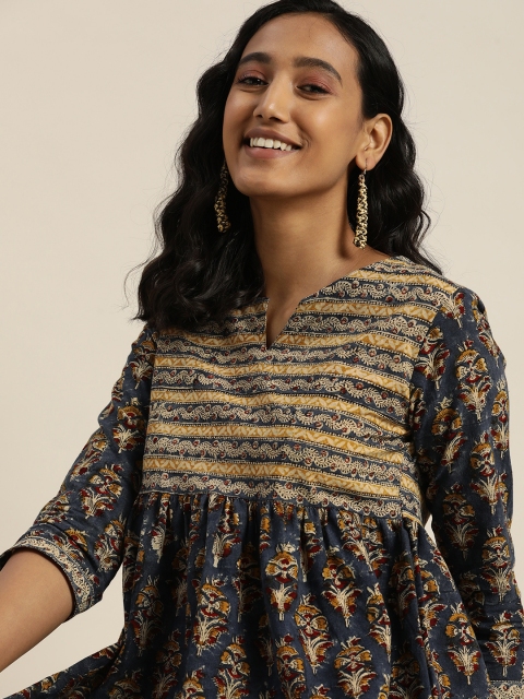 

Taavi Navy Blue & Mustard Yellow Ethnic Motifs Print Kalankari Peplum Top