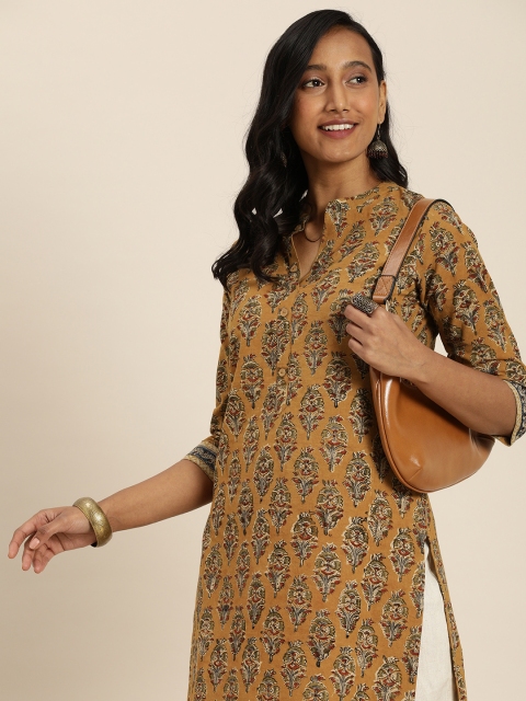 

Taavi Women Mustard Yellow & Blue Kalamkari Block Printed Kurta