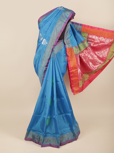 

Pothys Blue & Silver-Toned Woven Design Zari Pure Silk Saree