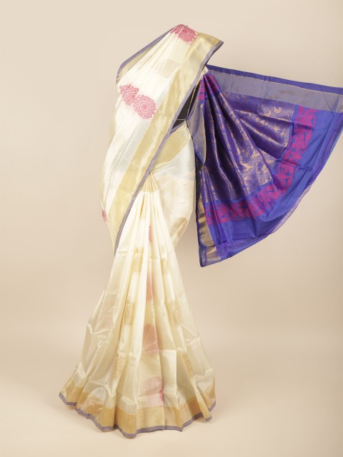 

Pothys Cream-Coloured & Purple Ethnic Motifs Zari Pure Silk Saree