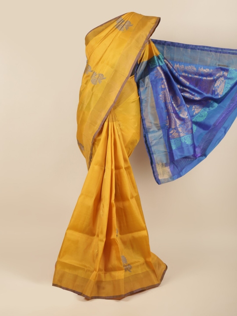

Pothys Mustard Yellow & Blue Ethnic Motifs Zari Pure Silk Saree