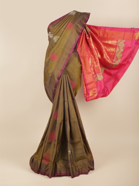 

Pothys Olive Green & Magenta Ethnic Motifs Zari Pure Silk Saree