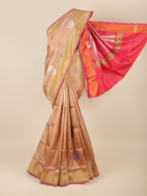 

Pothys Tan & Pink Ethnic Motifs Zari Pure Silk Saree