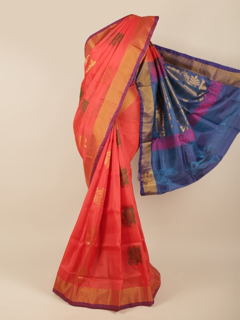 

Pothys Peach-Coloured & Navy Blue Floral Zari Pure Silk Saree