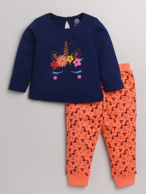

TAMBOURINE Infant Girls Navy Blue & Orange Printed Pure Cotton Top with Trousers
