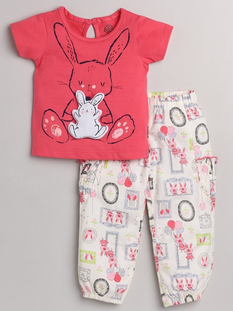 

TAMBOURINE Girls Pink & White Pure Cotton Printed Night suit