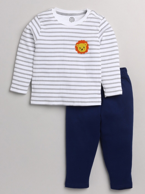

TAMBOURINE Boys Grey & Navy Blue Striped Pure Cotton T-shirt with Trousers, Grey melange