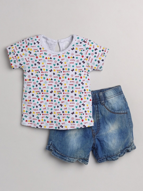 

TAMBOURINE Girls White & Blue Printed Pure Cotton T-shirt with Shorts